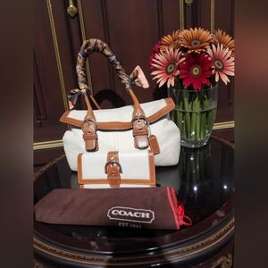 Vintage Coach Soho Flap In White and Brown Leather With Matching Wallet